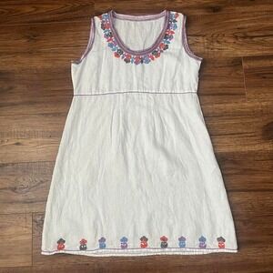 Hand Embroidered Linen Dress Artisan Floral Folk Dress Sleeveless Summer‎ Mini S